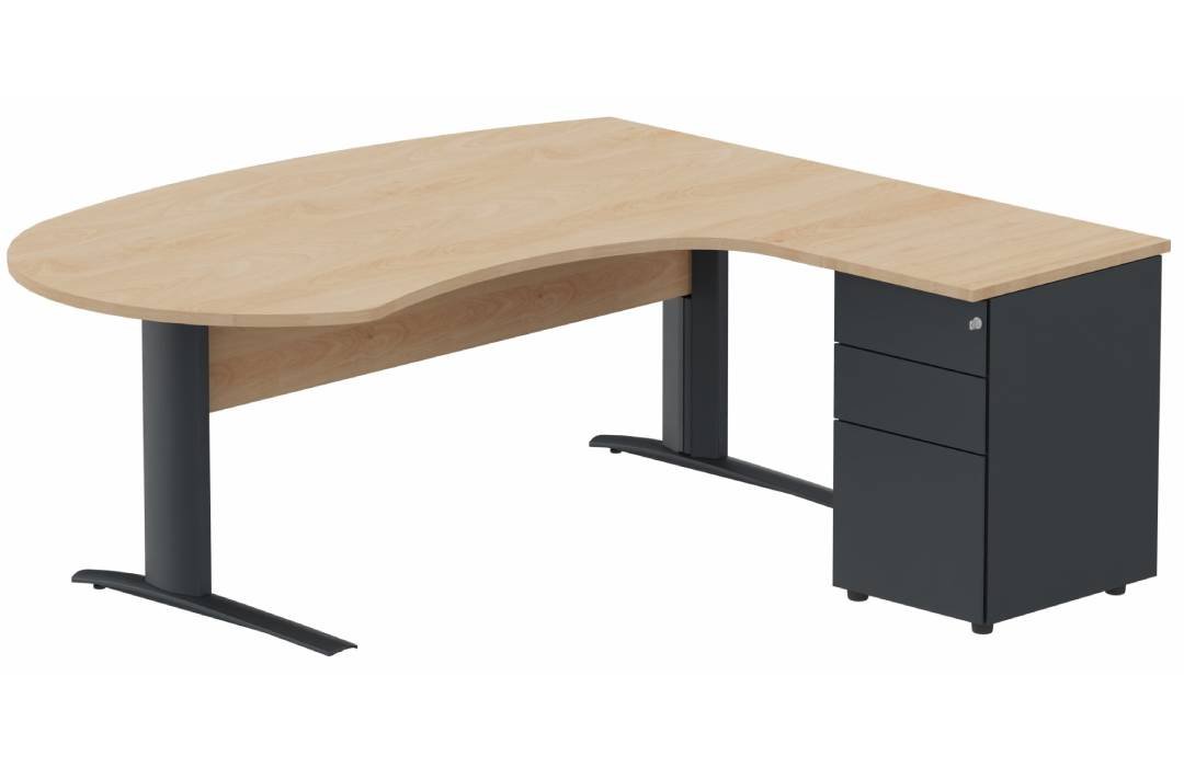 K1 VDF bois compact 90° manager 190x141x104x60cm sur caisson HB métal 3 tiroirs, plateau hêtre, structure anthracite