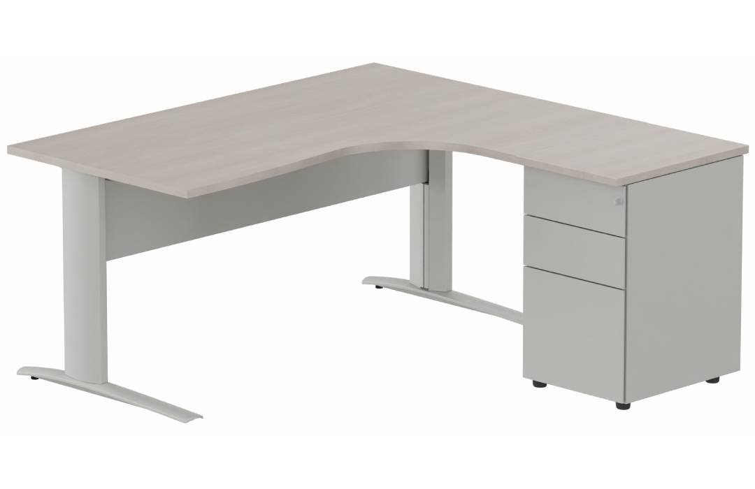 K1 VDF METAL Compact 90° asymétrique 180x162x80/60cm retour à droite avec caisson HB métal 3 tiroirs, plateau acacia, struct