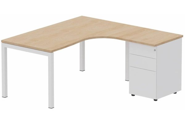 Gamme K3 - Plans compacts - Plan Compact 90° asymétrique 180x162x80/60cm retour à droite avec caisson HB métal 3 tiroirs hêtre/blanc