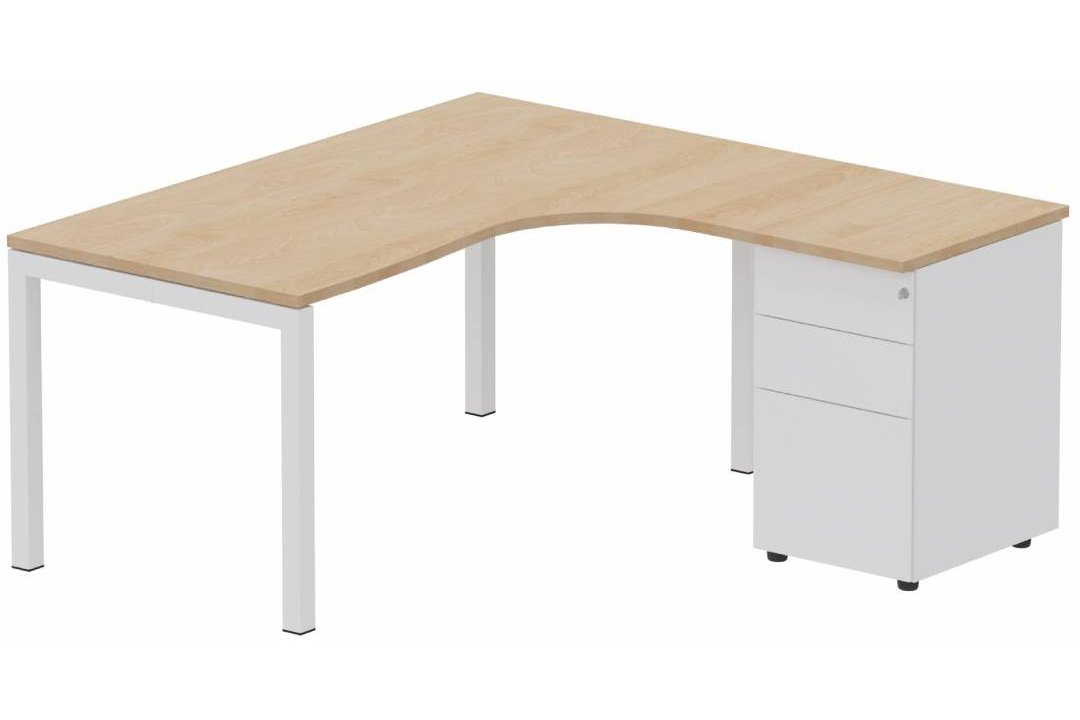 Plan Compact 90° asymétrique 180x162x80/60cm retour à droite avec caisson HB métal 3 tiroirs hêtre/blanc