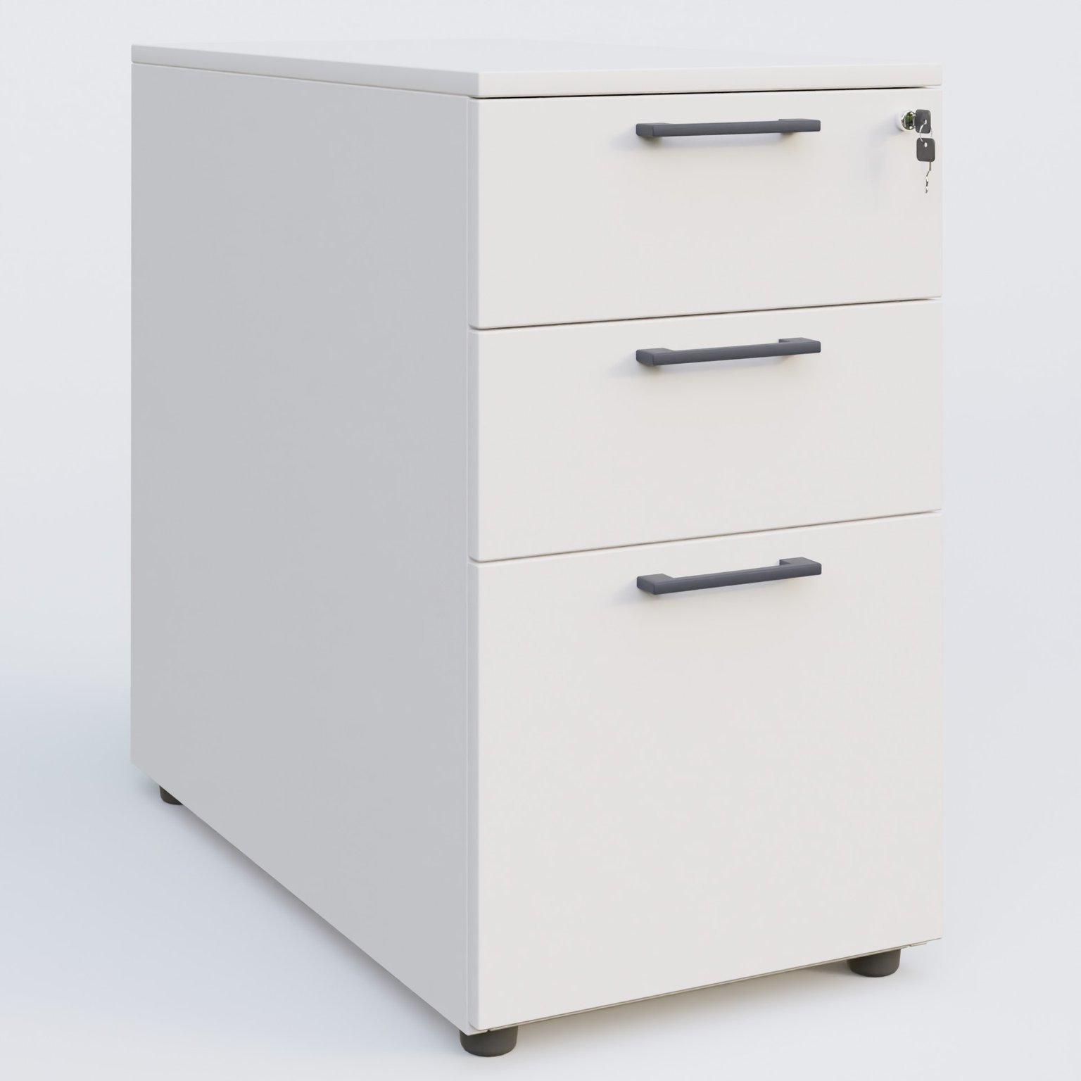 Caisson hauteur de bureau mélamine 3 tiroirs, profondeur 60cm. Caisson Blanc et poignets Anthracite.