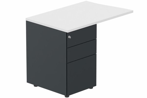 Gamme K3 - Extensions - Plans vagues - Retour vague à gauche 90x60cm sur caisson porteur métal 3 tiroirs blanc/anthracite - sur délai