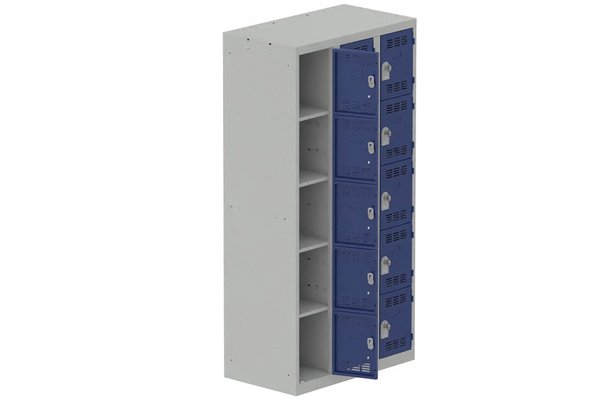 VESTIAIRES MULTICASES - 3 Colonnes - Vestiaire multicases, 3 colonnes L.90cm/15 cases, coffre gris clair/portes bleu foncé