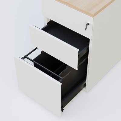 CAISSONS  - Hauteur de bureau - Caisson hauteur de bureau métalique 3 tiroirs avec top de finition, profondeur 60cm. Plateau Hêtre et caisson Blanc.