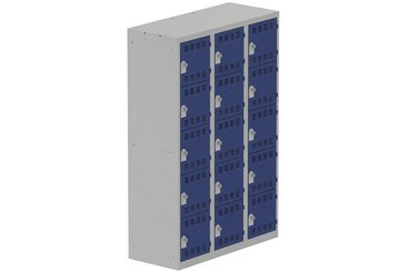 VESTIAIRES MULTICASES - 3 Colonnes - Vestiaire multicases, 3 colonnes L.120cm/15 cases, coffre gris clair/portes bleu foncé