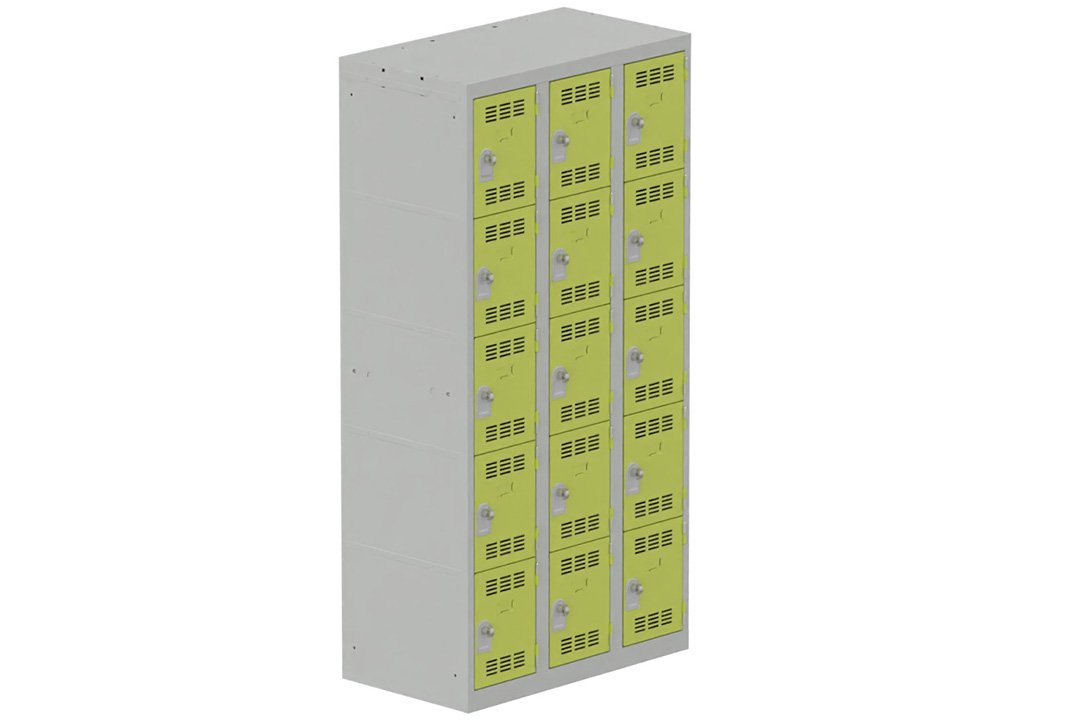 Vestiaire multicases 3 colonnes L,30cm 5 cases (fermeture cadenas) H,180xL,90xP,50cm coffre gris clair/portes anis