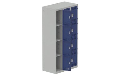 VESTIAIRES MULTICASES - 3 Colonnes - Vestiaire multicases, 3 colonnes L.90cm/12 cases, coffre gris clair/portes bleu foncé