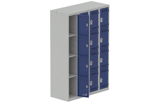 VESTIAIRES MULTICASES - 4 Colonnes - Vestiaire multicases, 4 colonnes L.120cm/16 cases, coffre gris clair/portes bleu foncé
