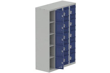 VESTIAIRES MULTICASES - 4 Colonnes - Vestiaire multicases, 4 colonnes L.120cm/20 cases, coffre gris clair/portes bleu foncé