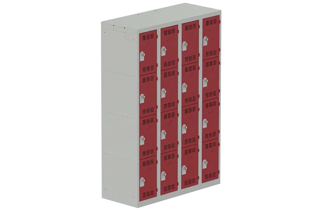Vestiaire multicases 4 colonnes L,30cm 4 cases (fermeture cadenas) H,180xL,120xP,50cm coffre gris clair/portes rouge