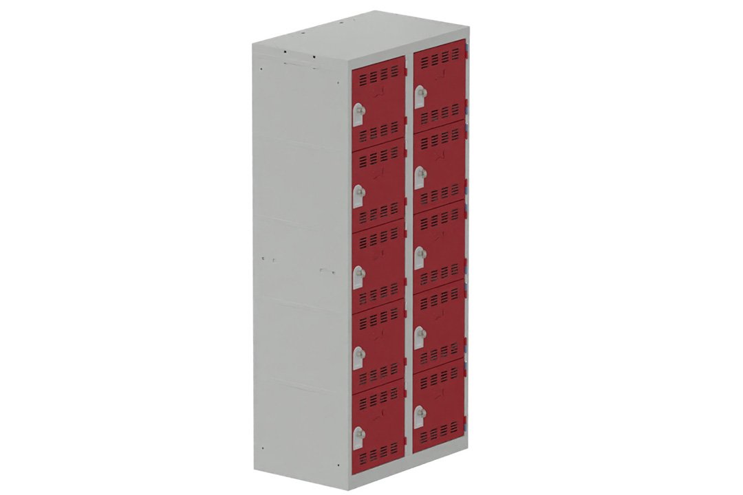 Vestiaire multicases 2 colonnes L,40cm 5 cases (fermeture cadenas) H,180xL,80xP,50cm coffre gris clair/portes rouge