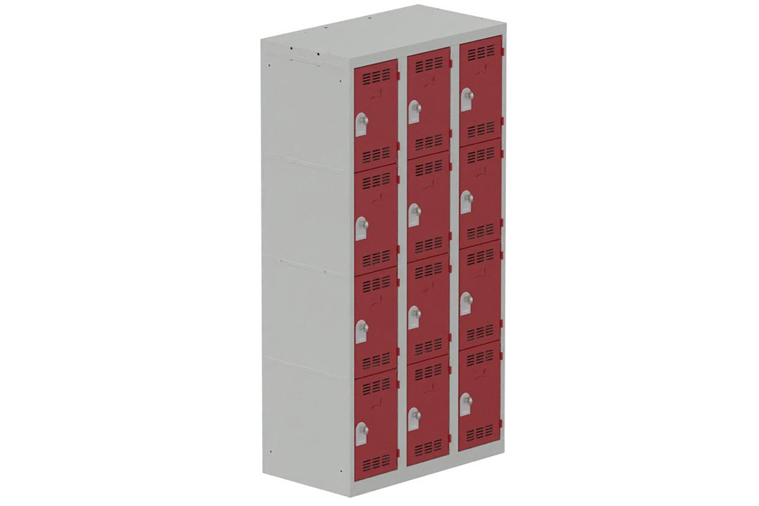 Vestiaire multicases 3 colonnes L,30cm 4 cases (fermeture cadenas) H,180xL,90xP,50cm coffre gris clair/portes rouge