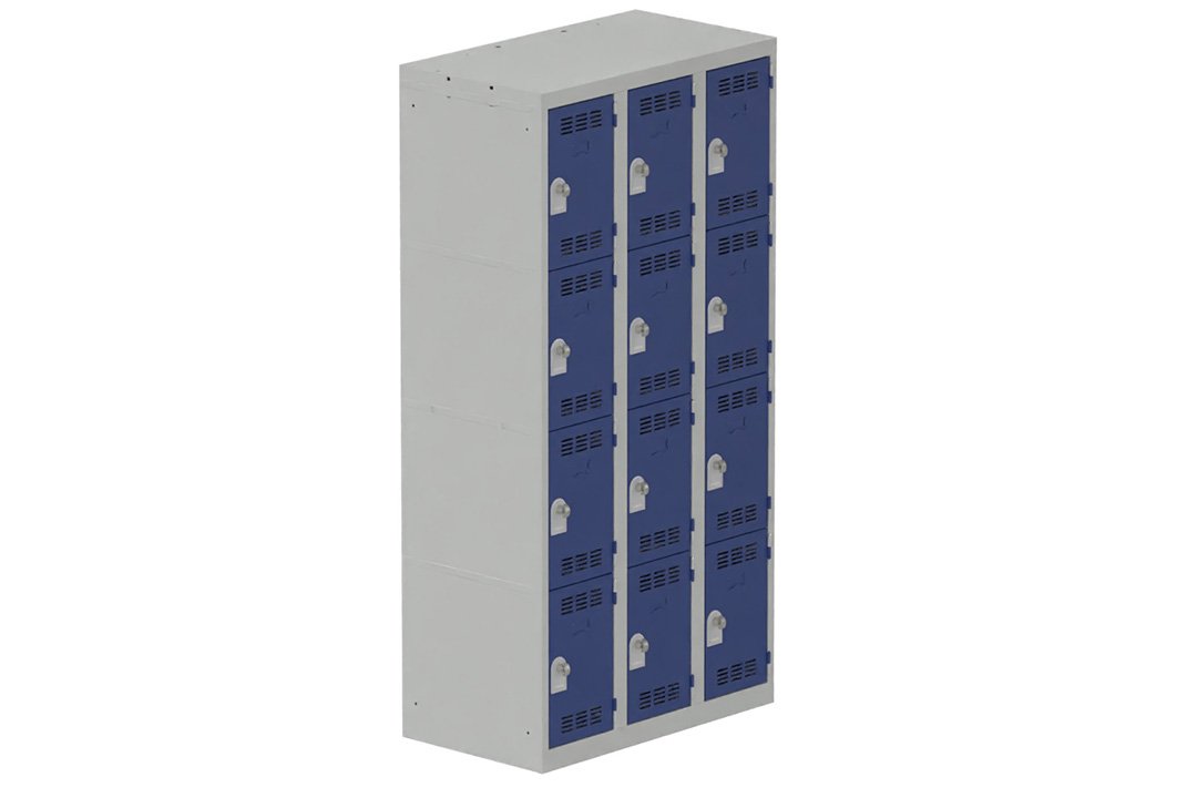 Vestiaire multicases, 3 colonnes L.90cm/12 cases, coffre gris clair/portes bleu foncé