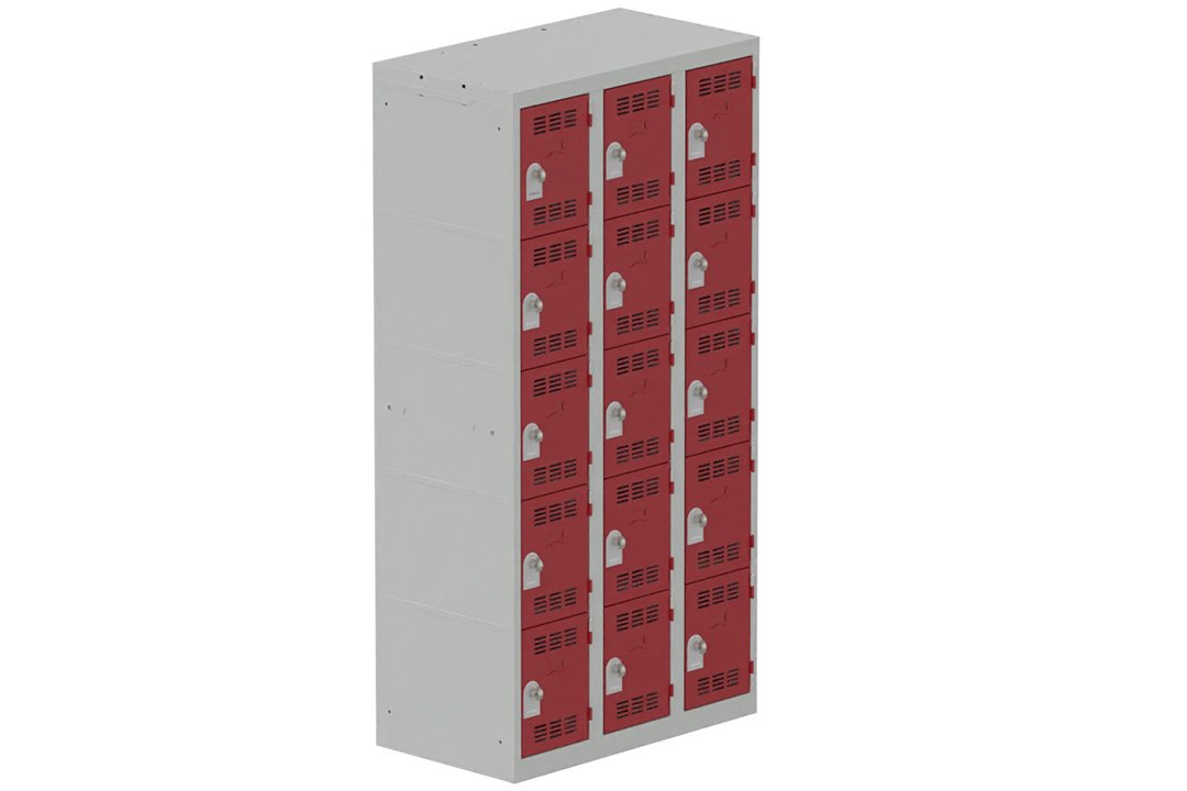 Vestiaire multicases 3 colonnes L,30cm 5 cases (fermeture cadenas) H,180xL,90xP,50cm coffre gris clair/portes rouge