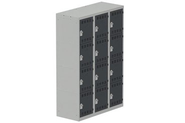 VESTIAIRES MULTICASES - 3 Colonnes - Vestiaire multicases, 3 colonnes L.120cm/12 cases, coffre gris clair/portes anthracite