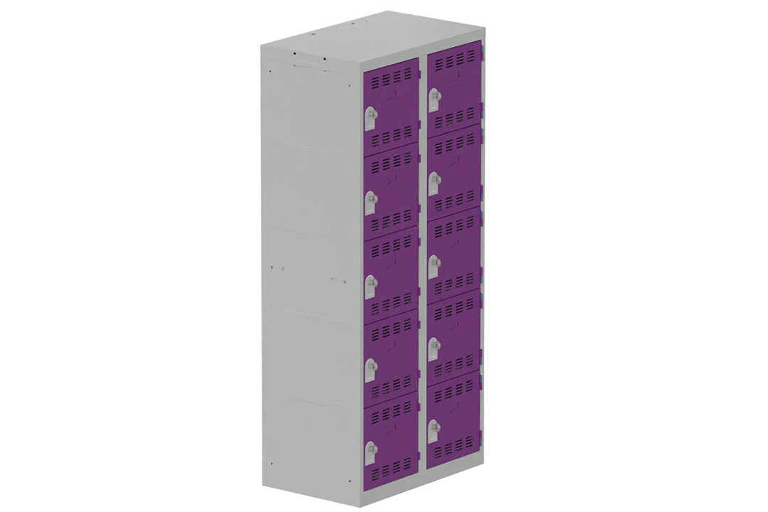 Vestiaire multicases 2 colonnes L,40cm 5 cases (fermeture cadenas) H,180xL,80xP,50cm coffre gris clair/portes prune