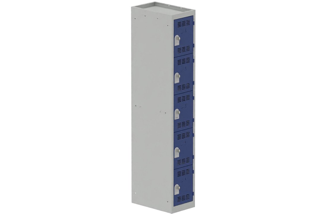 Vestiaire multicases, 1 colonne L.30cm/5 cases, coffre gris clair/portes bleu foncé