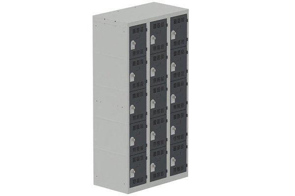 VESTIAIRES MULTICASES - 3 Colonnes - Vestiaire multicases, 3 colonnes L.90cm/15 cases, coffre gris clair/portes gris anthracite