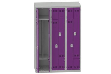 [Pas de famille] - [Pas de sous famille] - Vestiaire gain de place 3 colonnes (fermeture cadenas) H,180xL,120xP,50cm coffre gris clair/portes prune