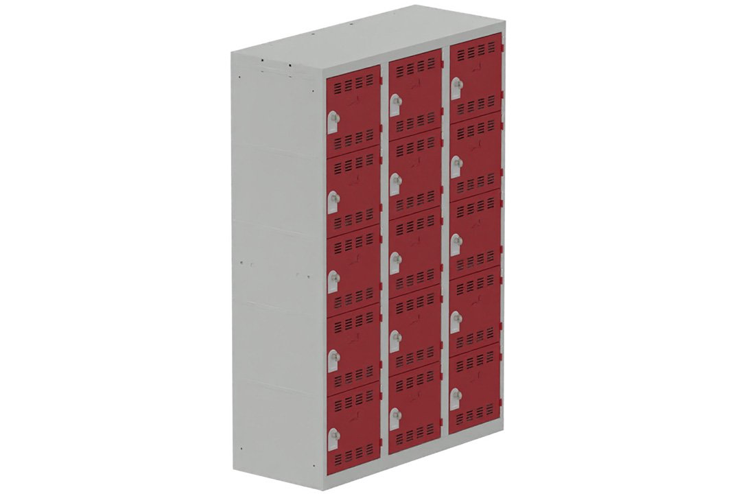 Vestiaire multicases 3 colonnes L,40cm 5 cases (fermeture cadenas) H,180xL,120xP,50cm coffre gris clair/portes rouge