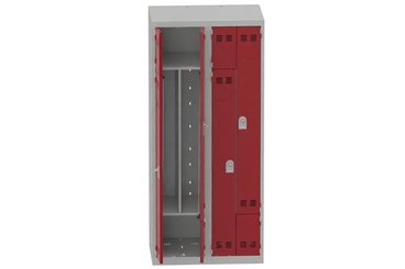 [Pas de famille] - [Pas de sous famille] - Vestiaire gain de place 2 colonnes (fermeture cadenas) H,180xL,80xP,50cm coffre gris clair/portes rouge