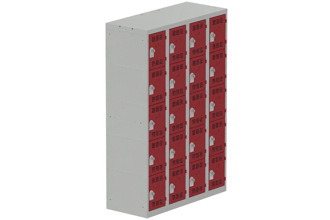 Vestiaire multicases 4 colonnes L,30cm 5 cases (fermeture cadenas) H,180xL,120xP,50cm coffre gris clair/portes rouge