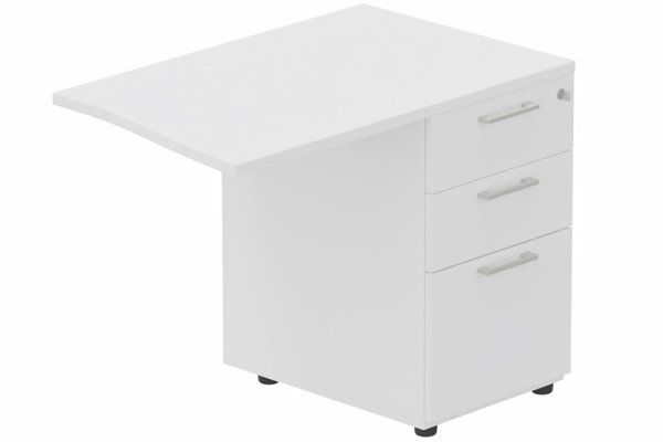 Gamme K3 - Extensions - Plans vagues - Retour vague à droite 90x60cm sur caisson porteur bois 3 tiroirs blanc/aluminium - sur délai