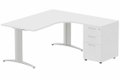 Plan Compact 90° asymétrique 180x162x80/60cm retour à droite avec caisson HB bois 3 tiroirs blanc/aluminium - sur délai