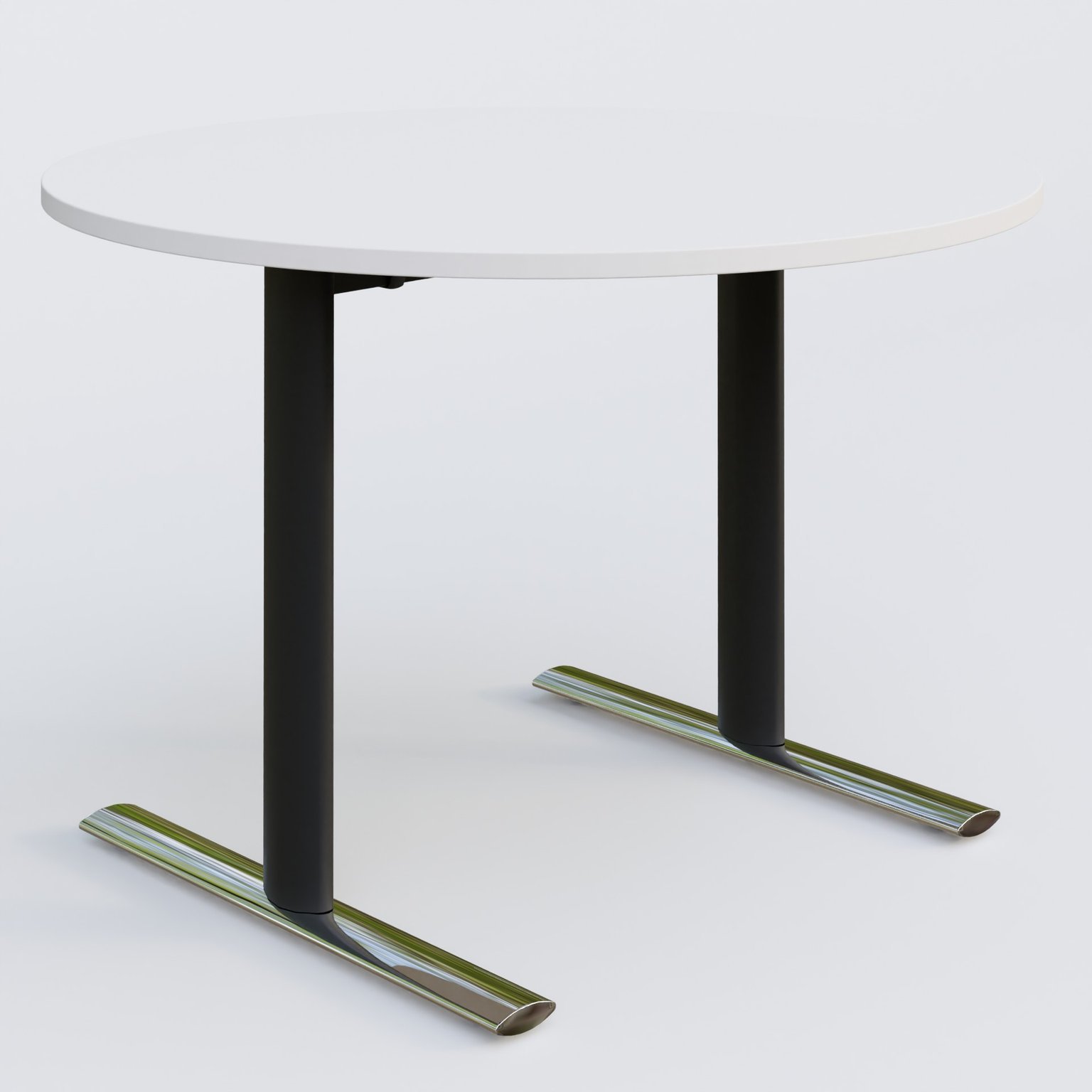 Table ronde gamme Pure diametre 110 cm. Plateau Blanc et pietement Noir/Chrome.