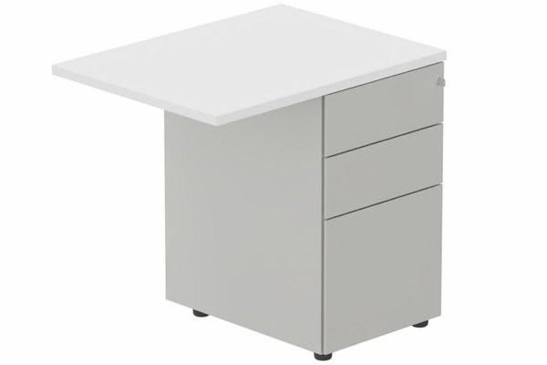 Gamme K2 - Extensions - Plans droits - Retour direct 120x60cm sur caisson porteur métal 3 tiroirs blanc/aluminium - sur délai