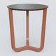 Table Basse Fashion Styl piètement tryptique en métal et plateau bois. Plateau Chêne Moka et pietement Brun cuivré (RAL 8004).
