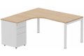 Plan Compact 90° asymétrique 180x162x80/60cm retour à gauche avec caisson HB métal 3 tiroirs hêtre/blanc