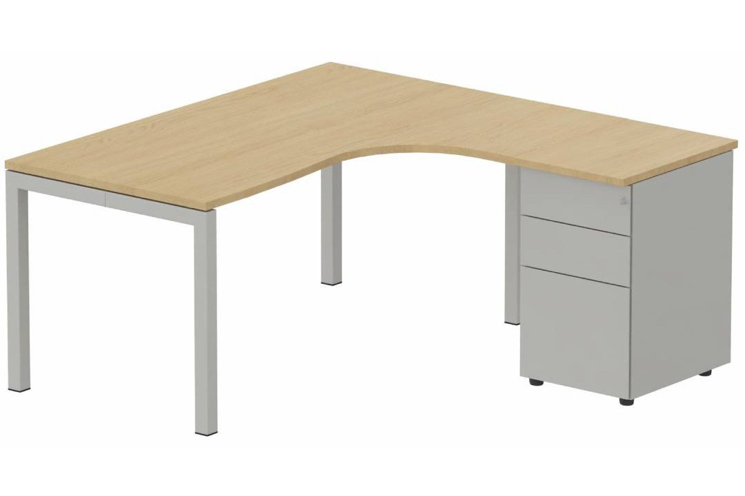 K3- Plan compact 90° asymétrique 160x162x80/60cm avec caisson HB métal 3 tiroirs - retour à droite -Finitions = Plateau et top de finition : Chêne (CE) /Piétements : alu / Caisson : Alu
