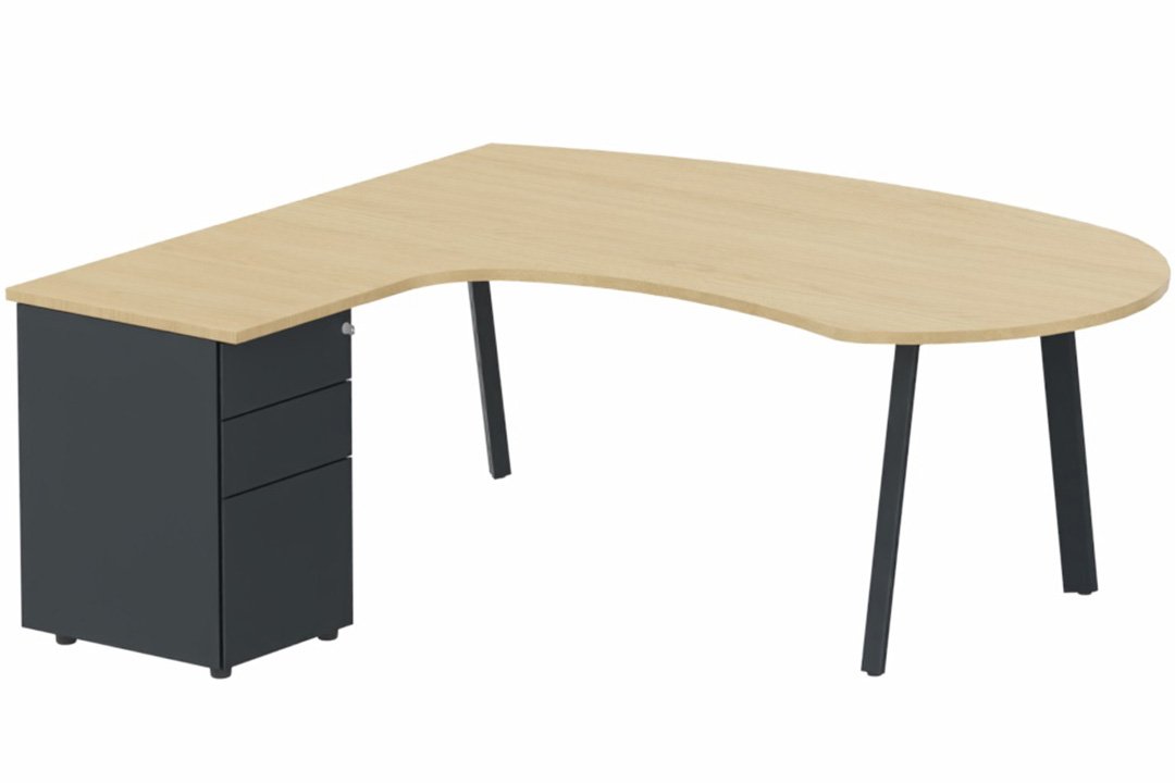 K8 Plan compact 90° asymétrique Manager 190x183x104x60cm avec caisson HB métal 3 tiroirs - retour à gauche
