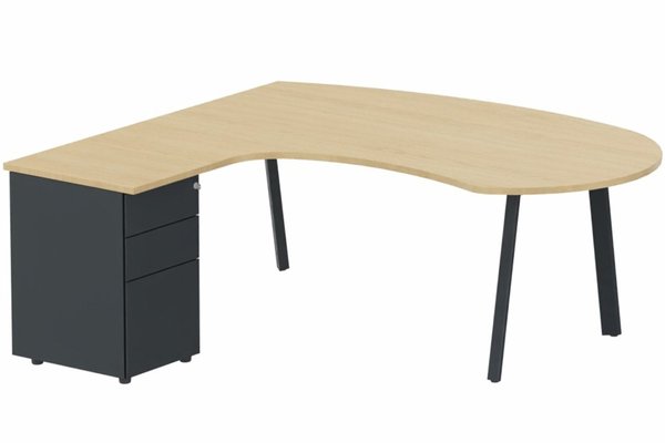 Gamme K8 - Plans compacts - K8 Plan compact 90° asymétrique Manager 190x183x104x60cm avec caisson HB métal 3 tiroirs - retour à gauche