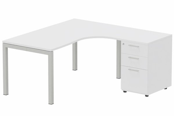 Gamme K3 - Plans compacts - Plan Compact 90° asymétrique 180x162x80/60cm retour à droite avec caisson HB bois 3 tiroirs blanc/aluminium - sur délai
