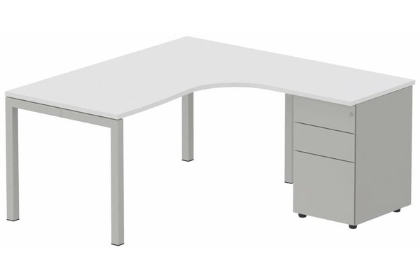Gamme K3 - Plans compacts - Plan Compact 90° asymétrique 160x162x80/60cm retour à droite avec caisson HB métal 3 tiroirs blanc/aluminium - sur délai
