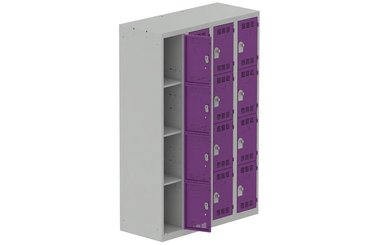[Pas de famille] - [Pas de sous famille] - Vestiaire multicases 4 colonnes L,30cm 4 cases (fermeture cadenas) H,180xL,120xP,50cm coffre gris clair/portes prune