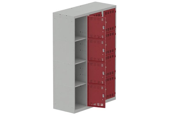 [Pas de famille] - [Pas de sous famille] - Vestiaire multicases 3 colonnes L,40cm 4 cases (fermeture cadenas) H,180xL,120xP,50cm coffre gris clair/portes rouge