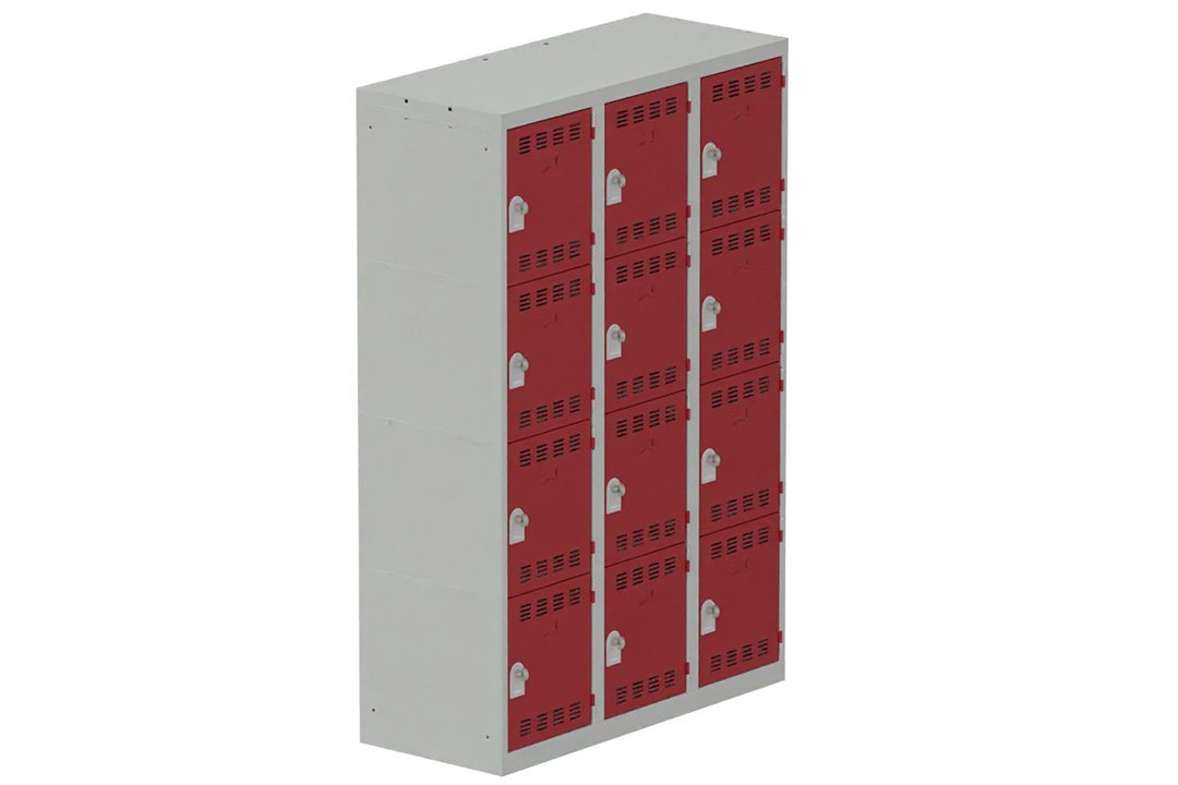 Vestiaire multicases 3 colonnes L,40cm 4 cases (fermeture cadenas) H,180xL,120xP,50cm coffre gris clair/portes rouge