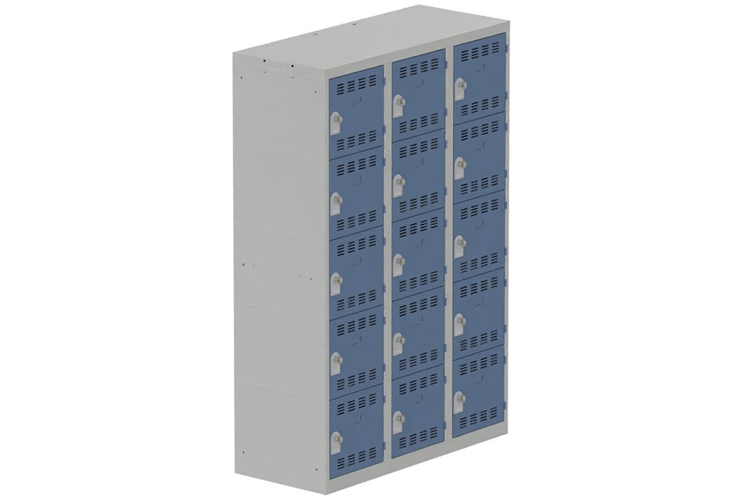 Vestiaire multicases 3 colonnes L,40cm 5 cases (fermeture cadenas) H,180xL,120xP,50cm coffre gris clair/portes bleu