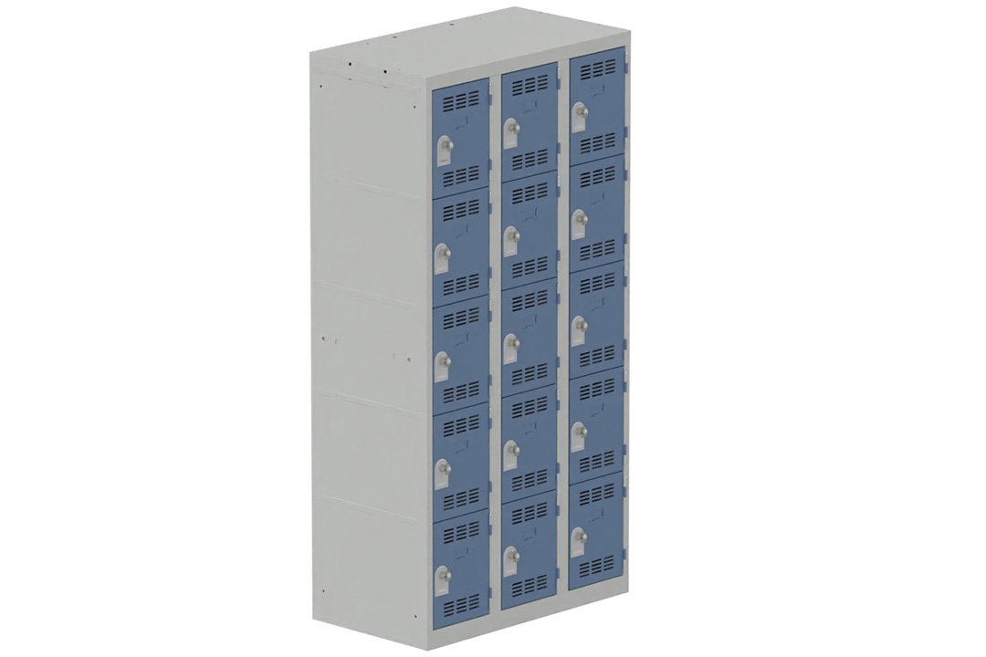 Vestiaire multicases 3 colonnes L,30cm 5 cases (fermeture cadenas) H,180xL,90xP,50cm coffre gris clair/portes bleu