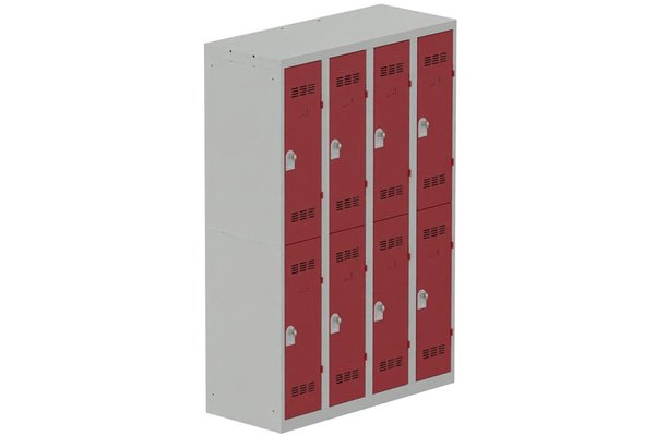 [Pas de famille] - [Pas de sous famille] - Vestiaire multicases 4 colonnes L,30cm 2 cases (fermeture cadenas) H,180xL,120xP,50cm coffre gris clair/portes rouge