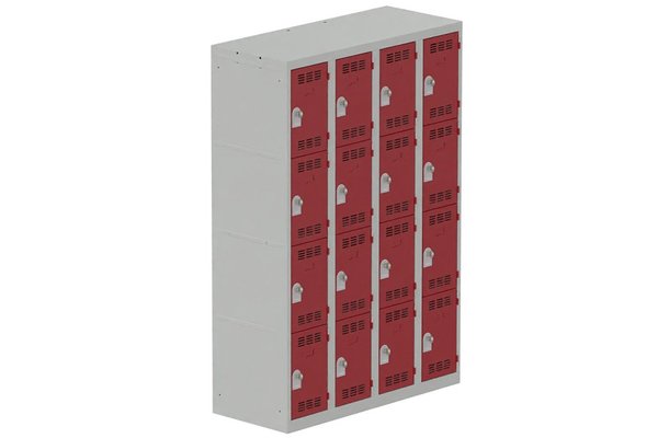 [Pas de famille] - [Pas de sous famille] - Vestiaire multicases 4 colonnes L,30cm 4 cases (fermeture cadenas) H,180xL,120xP,50cm coffre gris clair/portes rouge