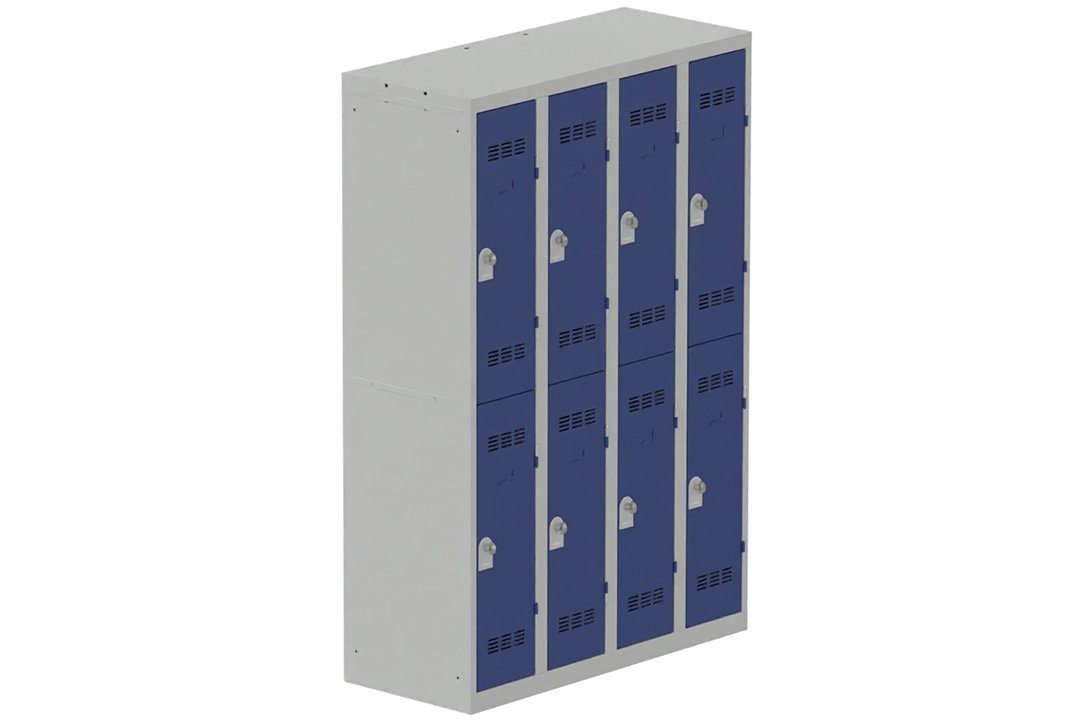 Vestiaire multicases, 4 colonnes L.120cm/8 cases, coffre gris clair/portes bleu foncé
