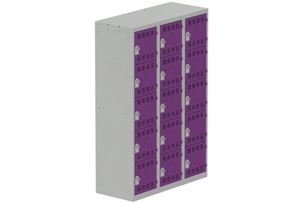 [Pas de famille] - [Pas de sous famille] - Vestiaire multicases 3 colonnes L,40cm 5 cases (fermeture cadenas) H,180xL,120xP,50cm coffre gris clair/portes prune