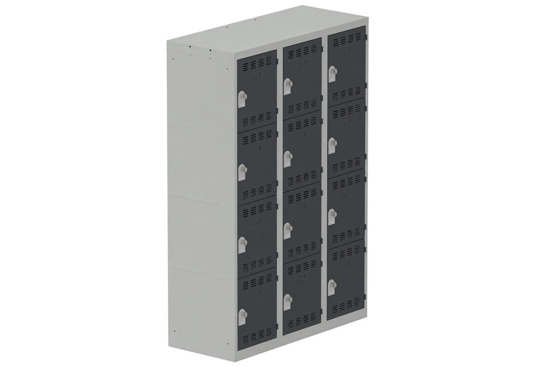 Vestiaire multicases, 3 colonnes L.120cm/12 cases, coffre gris clair/portes anthracite