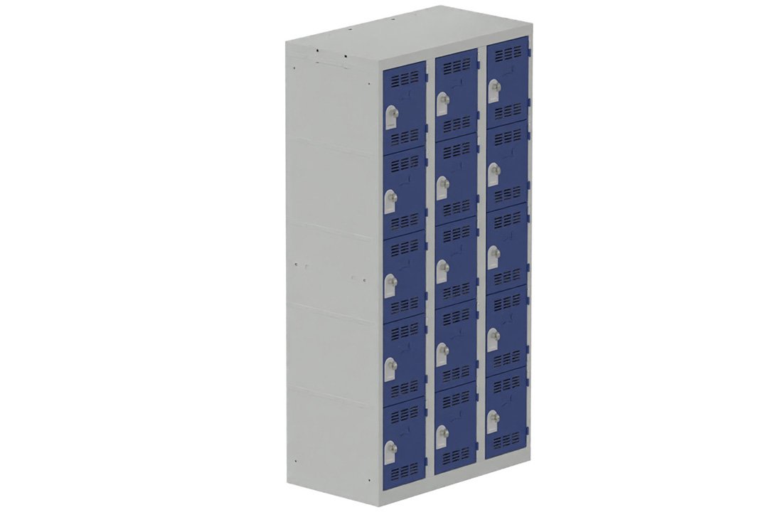 Vestiaire multicases, 3 colonnes L.90cm/15 cases, coffre gris clair/portes bleu foncé