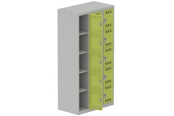 [Pas de famille] - [Pas de sous famille] - Vestiaire multicases 3 colonnes L,30cm 5 cases (fermeture cadenas) H,180xL,90xP,50cm coffre gris clair/portes anis