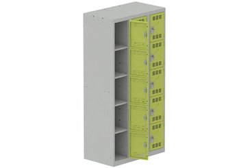 [Pas de famille] - [Pas de sous famille] - Vestiaire multicases 3 colonnes L,30cm 5 cases (fermeture cadenas) H,180xL,90xP,50cm coffre gris clair/portes anis